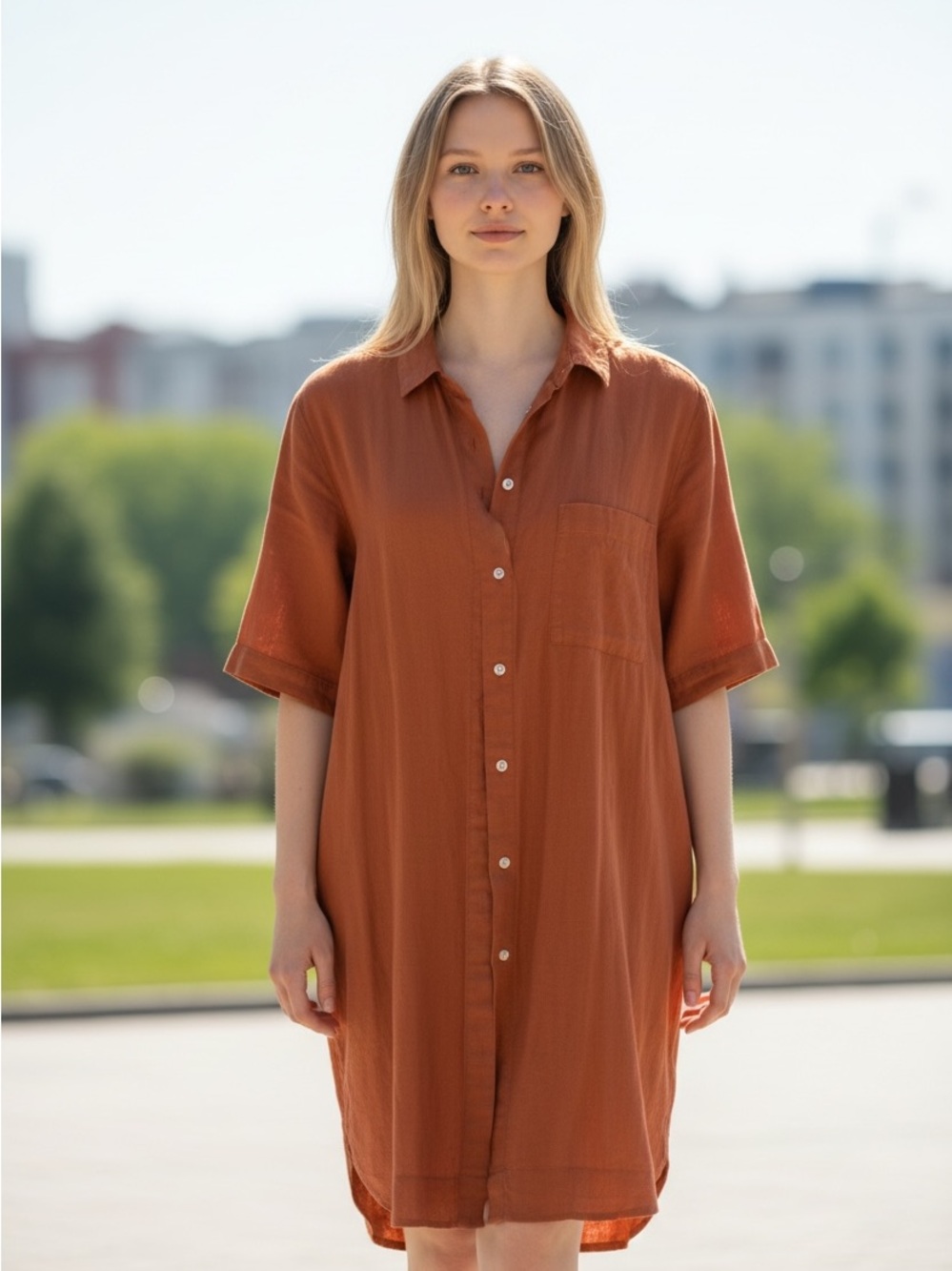 Button-Front Shirt Dress in Rust
